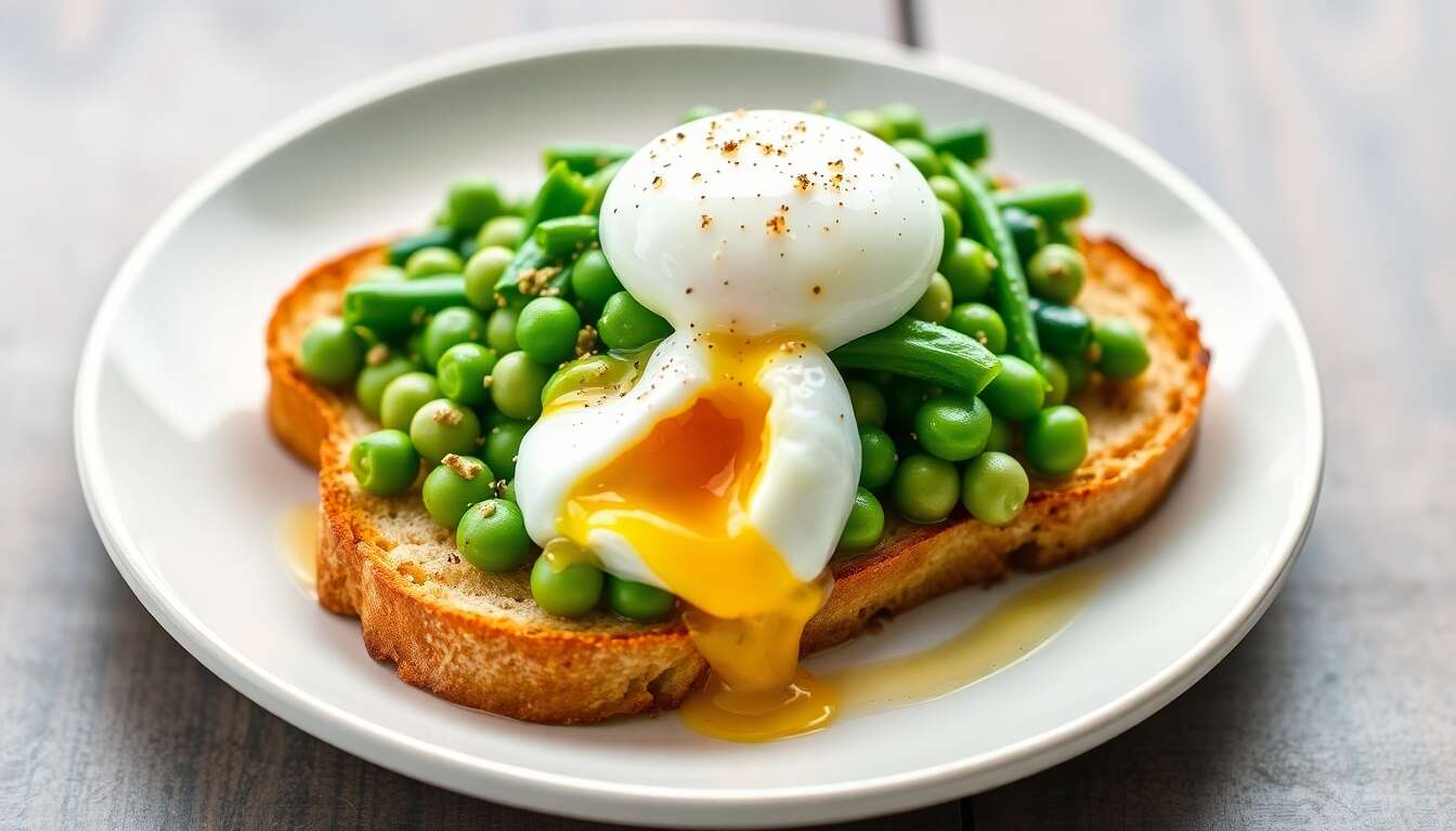 Bruschetta printanière : petits pois, fèves et œuf poché