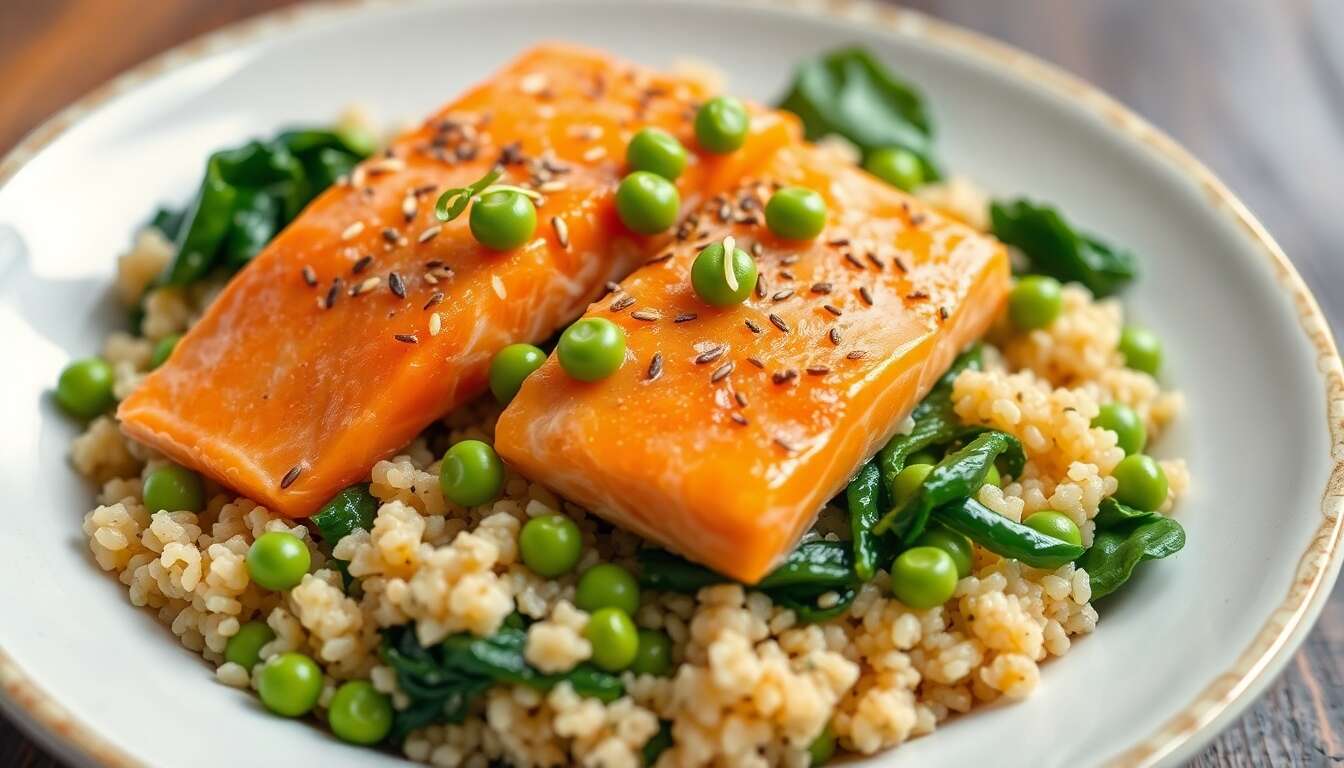 Saumon et quinoa aux légumes verts : la recette pour des cheveux éclatants