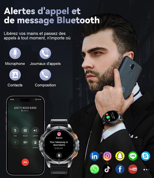 Montre Connectée pour Hommes avec GPS Intégré, Lampe de Poche,10ATM Étanche, 600mAh 30 Jours Grande Batterie Fitness Smartwatch 110+ Modes Sportifs 24/7 Surveillance de la Santé pour iOS Android