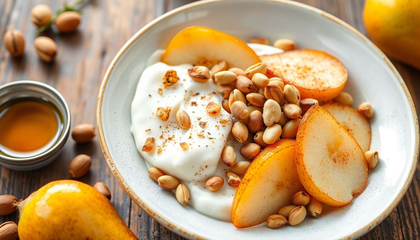 Yaourt aux poires rôties et pistaches : recette anti-âge pour la ménopause