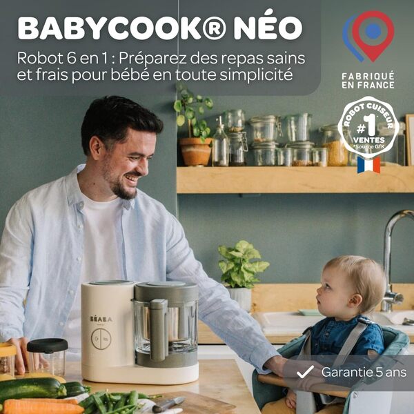 BÉABA, Babycook Néo, Mixeur Cuiseur Vapeur 6 en 1, Robot Bebe Fabriqué en France, Bol en Verre, Cuve Inox, Grande contenance, Diversification alimentaire, Petits pots bébé maison, Rapide, Blanc
