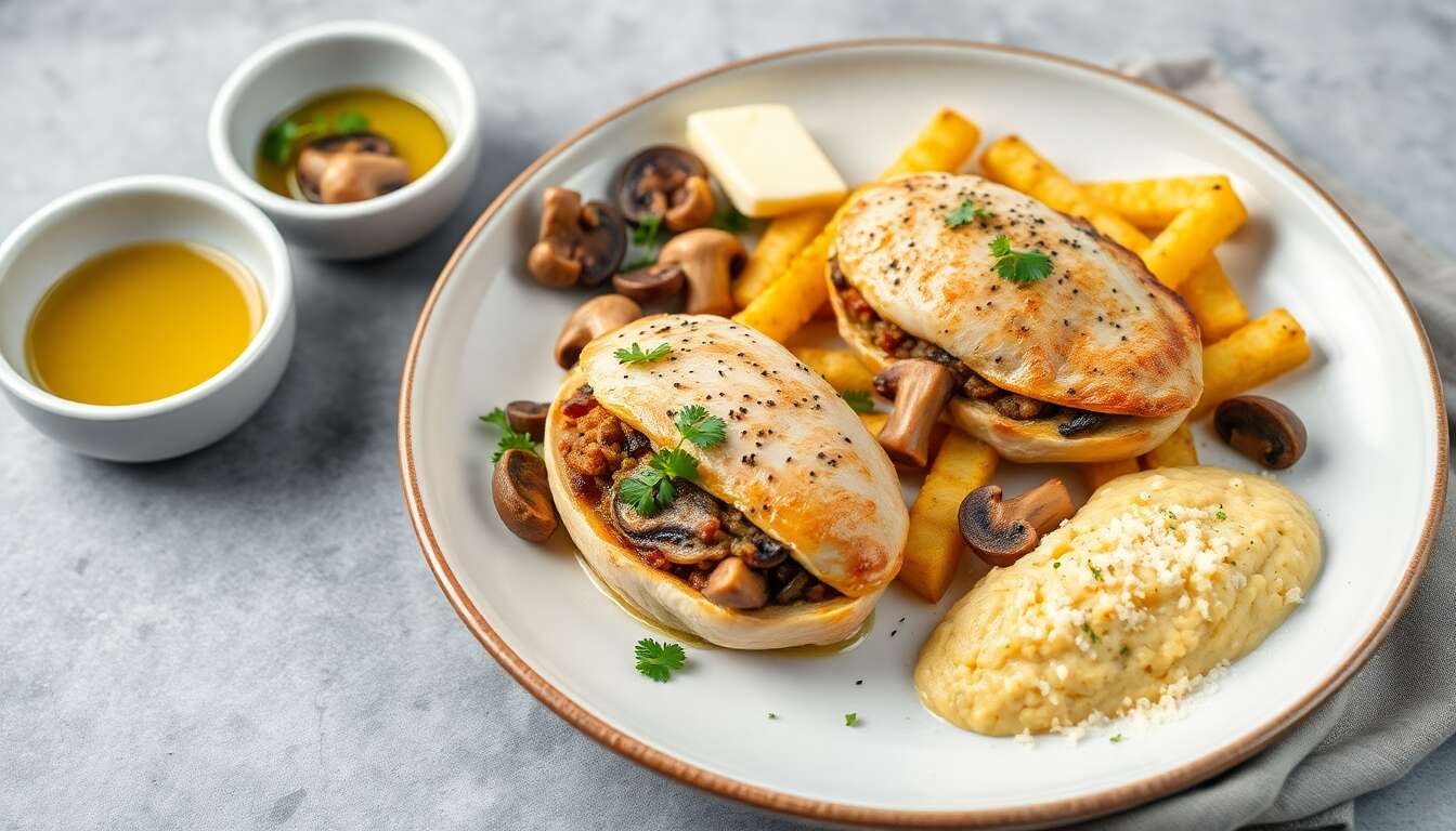 Blancs de pintade farcis aux champignons : recette sans gluten avec frites de polenta