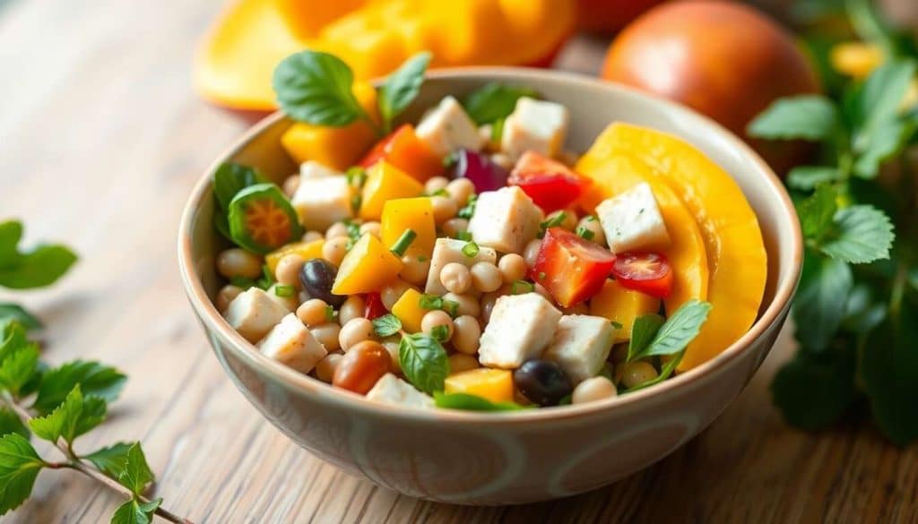 Salade de fèves, tofu et mangue : bienfaits anti-âge ménopause