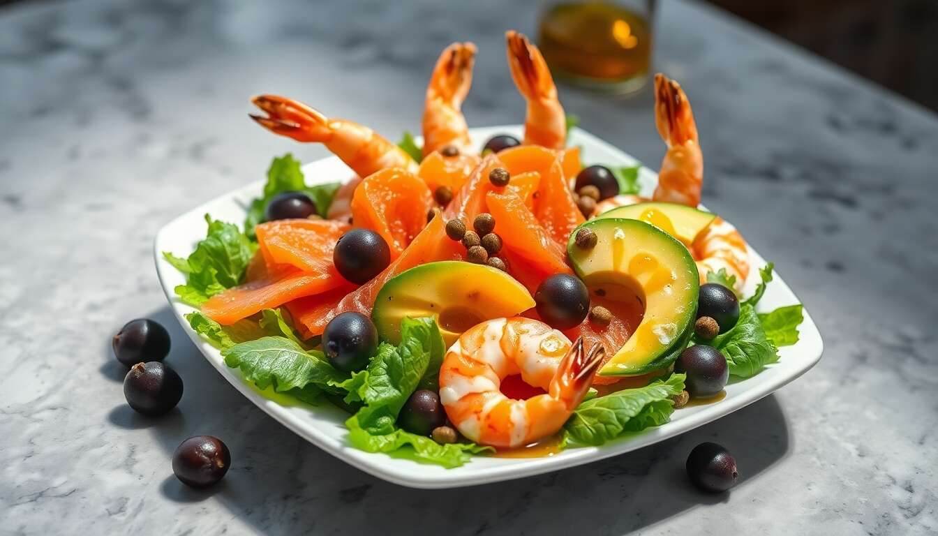 Salade folle au saumon fumé et aux crevettes : une recette anti-âge savoureuse