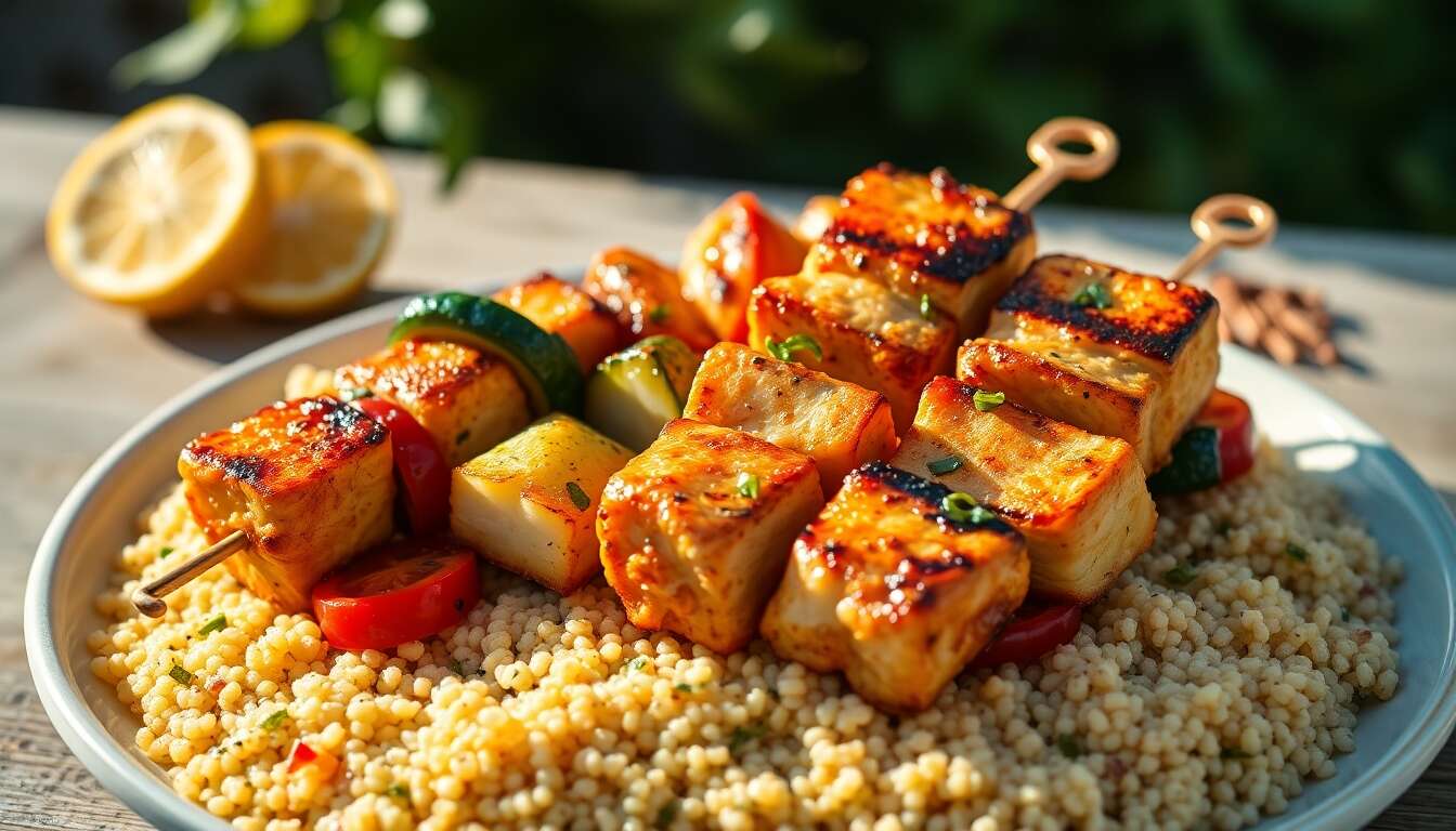 Brochettes de poulet au quinoa et légumes d'été : recette minceur anti-rétention d'eau