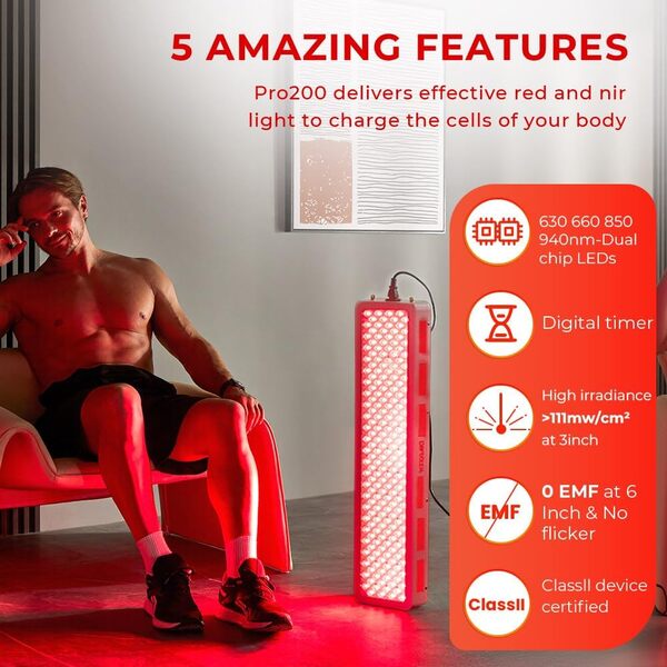 Bestqool Appareil de thérapie par la lumière rouge, 660 nm 850 nm Thérapie proche infrarouge avec minuteur, 200 LED, soulagement de la douleur, beauté et énergie. Consommation d'énergie 250 W.