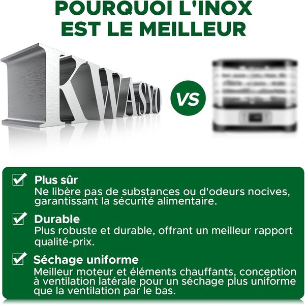 Kwasyo Déshydrateur Alimentaire 12 Plateaux en Acier Inoxydable, Tout en Noir, Structure à Double Couche, Grande Capacité Déshydrateur Commercial pour Fruits, Poissons, Légumes, Viande, Jerky, Herbes