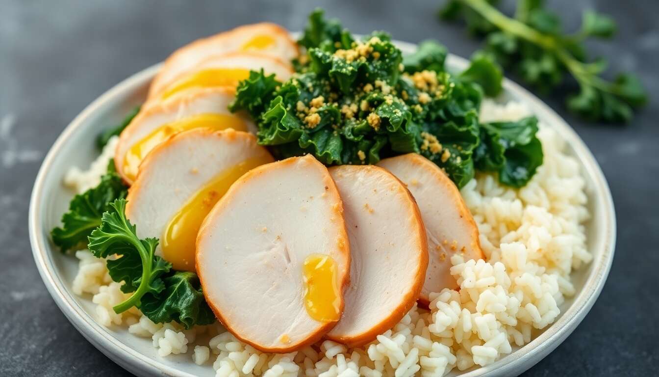 Blanc de dinde au chou kale et riz : recette anti-âge pour la ménopause