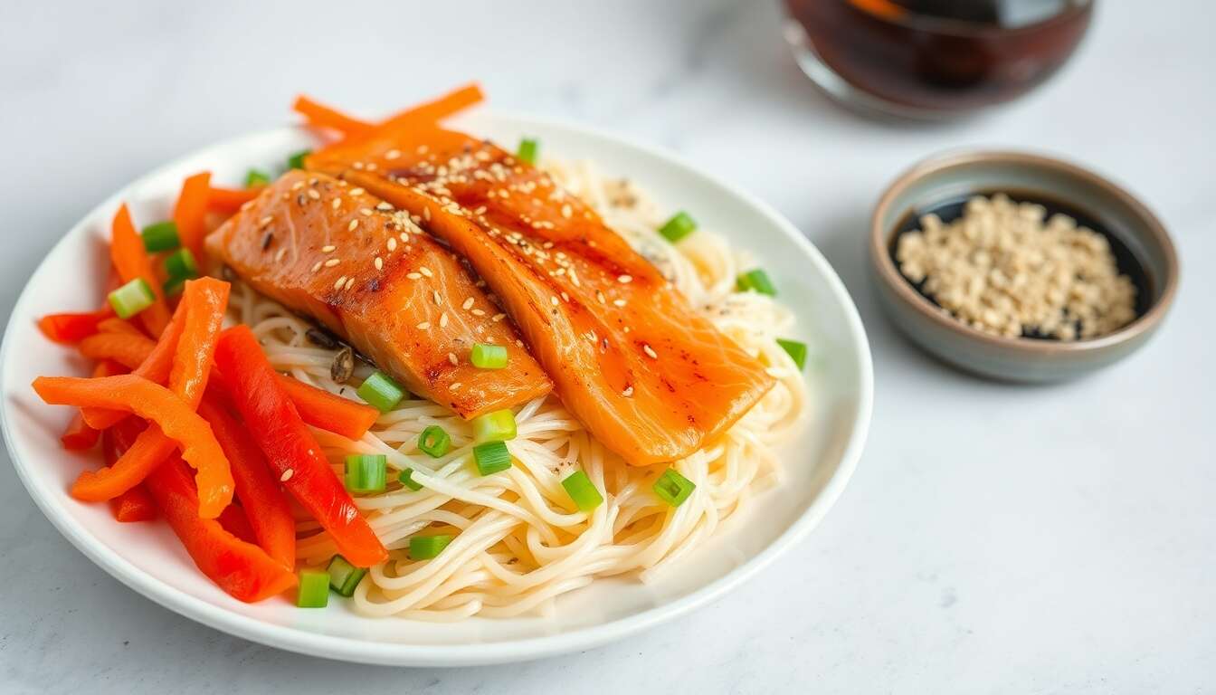 Vermicelles de riz au saumon : recette riche en fibres et légumes