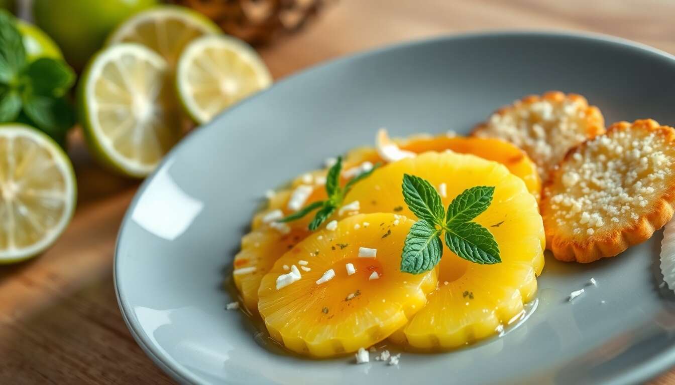 Carpaccio d'ananas au citron vert et biscuit coco : recette sans sel