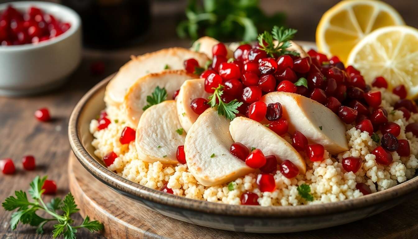 Blanc de poularde et taboulé à la grenade : recette minceur faible en calories