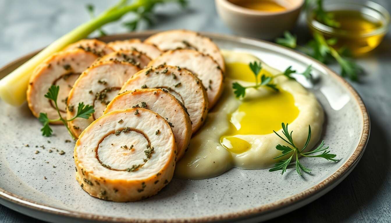 Roulé de poulet persillé : recette anti-cellulite avec purée de céleri