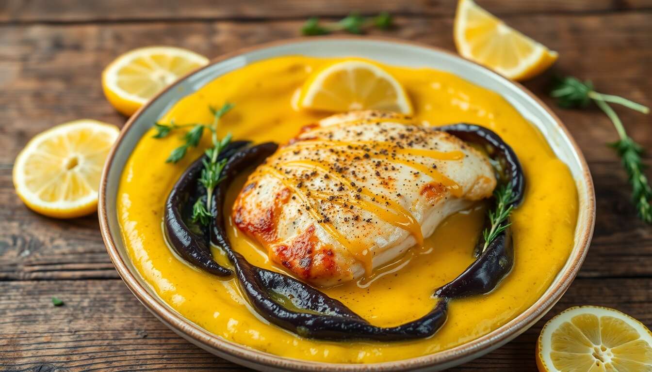 Papillote de poulet : recette sans sel avec purée d'aubergine au curry