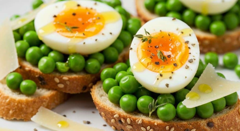 Bruschetta anti-âge : petits pois et œuf mollet pour la ménopause