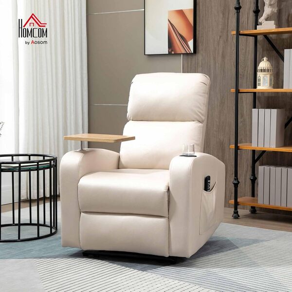 HOMCOM Fauteuil de Relaxation Fauteuil de Massage inclinable avec Tablette, Poches latérales et Télécommande Chaise TV pour Salon et Chambre, Tissu en Microfibre Beige