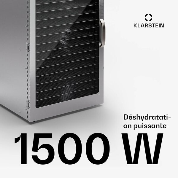 Klarstein Déshydrateur, déshydrateur pour légumes, fruits,& viande, déshydrateur en acier inoxydable 1500 W, déshydrateur avec 16 grilles métalliques, déshydrateur avec minuterie 24H et écran tactile
