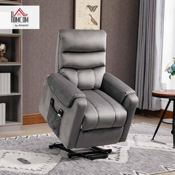 HOMCOM Fauteuil releveur Fauteuil de Relaxation électrique massant inclinable Structure en Acier revêtement en Velours avec Repose-Pied 2 télécommandes Pochette latérale 79 x 97 x 103 cm Gris