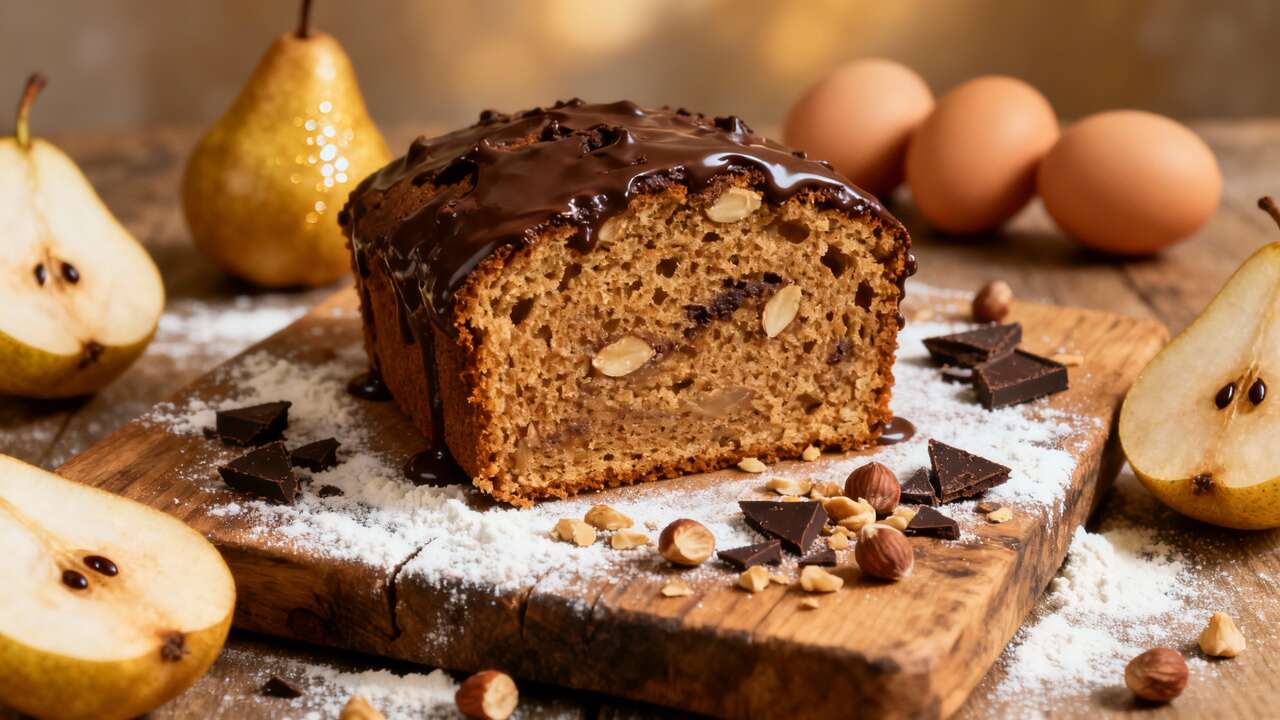 Cake moelleux poires, noisettes et chocolat