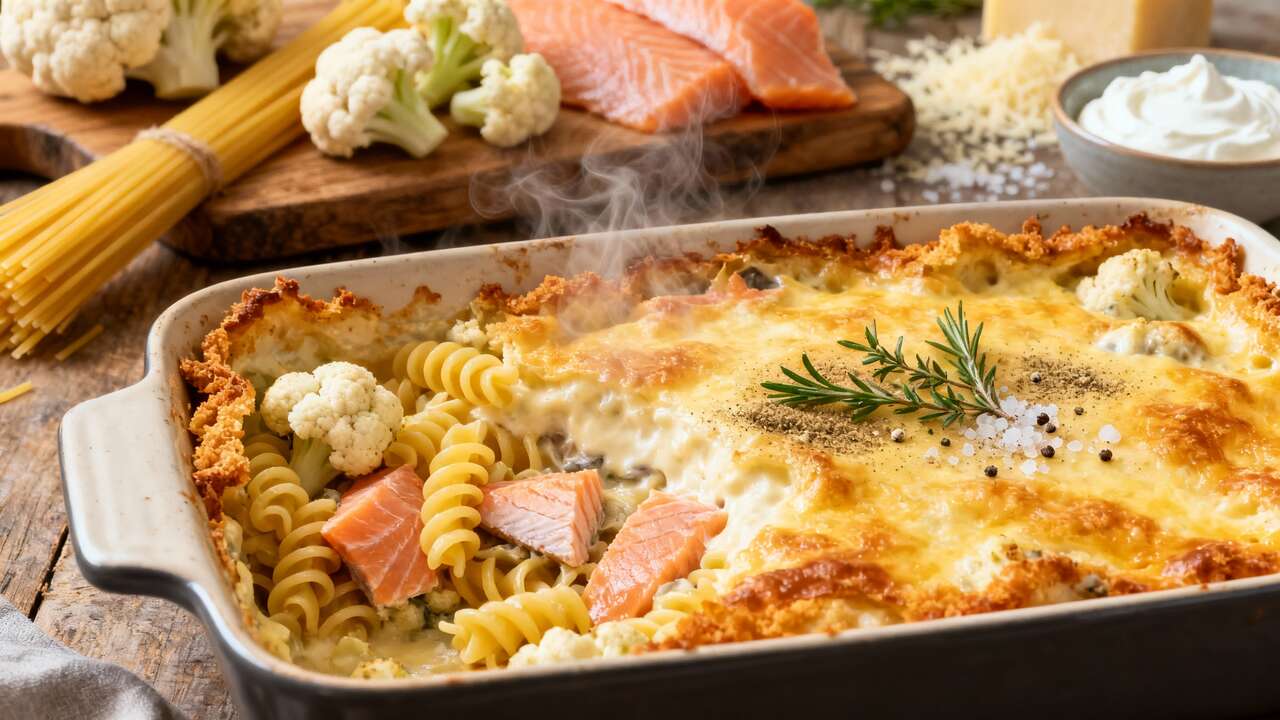 Gratin de pâtes au chou-fleur et saumon : recette savoureuse