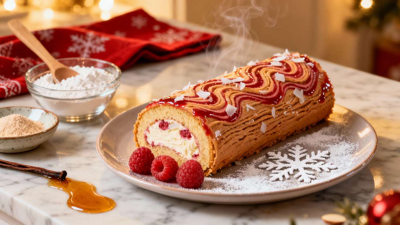Bûche de Noël roulée coco-framboises : recette festive et gourmande