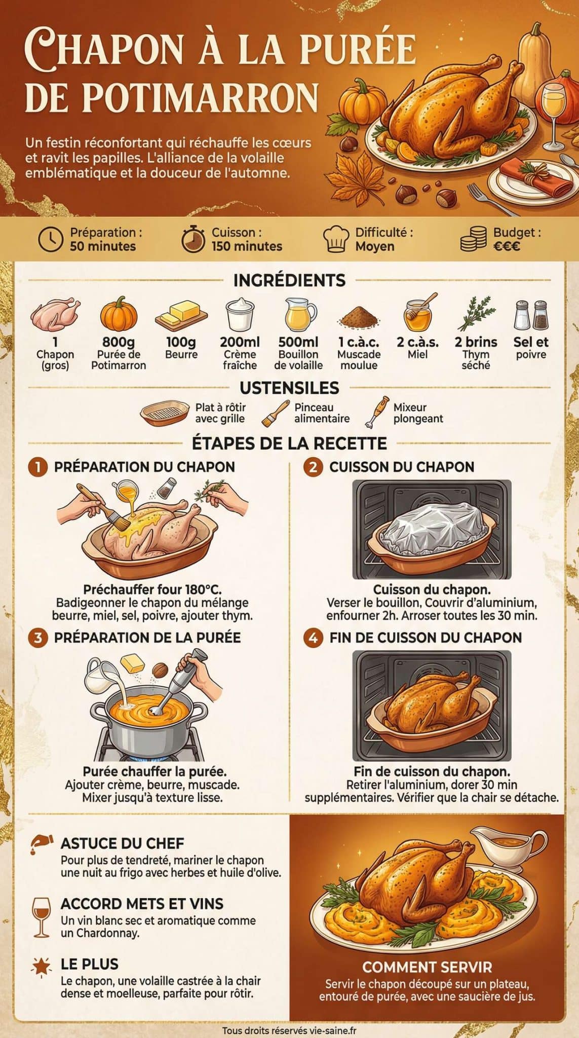 Infographie de la recette Recette de Chapon &agrave; la Pur&eacute;e de Potimarron