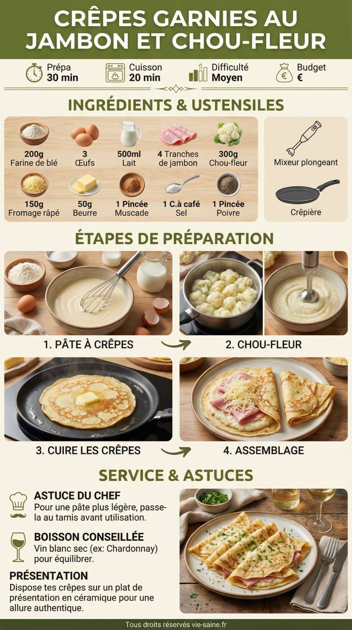 Fiche recette Cr&ecirc;pes garnies au jambon et chou-fleur