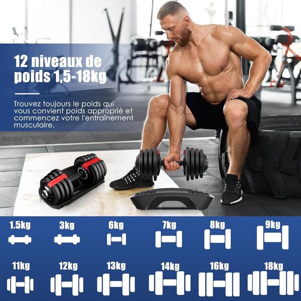DH FitLife haltère réglable 1,5 à 18 kg avec base de rangement pour la musculation femme et homme, set d'haltères avec plaques de poids, gain de place pour l'entraînement, poids variables 12 en 1