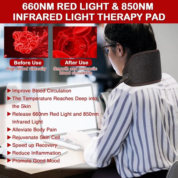 JOBYNA Ceinture de Thérapie par la Lumière Rouge et Infrarouge pour Cou, 660nm 850nm Luminothérapie Red Light Therapy, Lampe Infrarouge pour Douleur, Mode Impulsion, Minuterie, Température Réglable