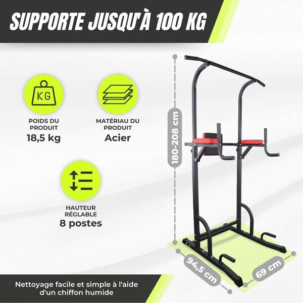 Mobiclinic® fitness, Chaise romaine musculation, Power tower dip station, Multifit, Hauteur et dossier réglables, Tour de, Robuste, Sport maison, Traction, Pull up