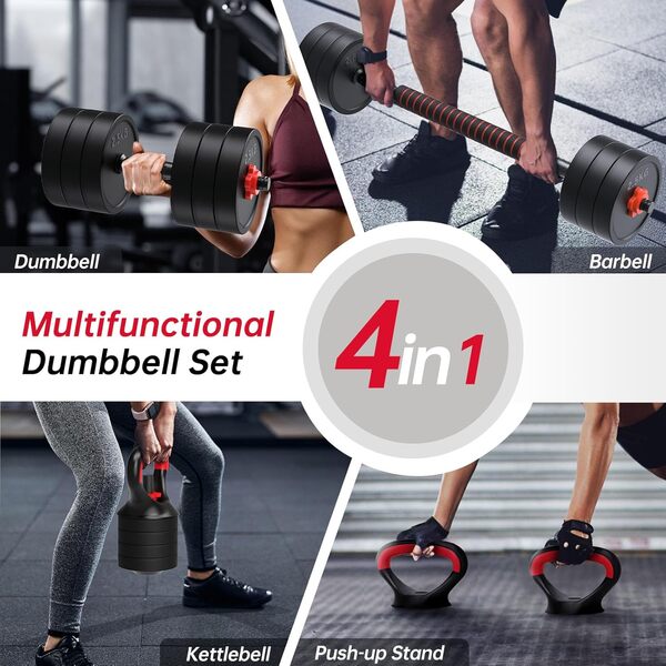 JOROTO Set d'haltères réglable, 10KG/30KG Set d'haltères de poids avec prise, 4 en1 Set de poids d'entraînement pour Home Gym, Haltère long, Kettlebells, Push up Stand Appareils de fitness