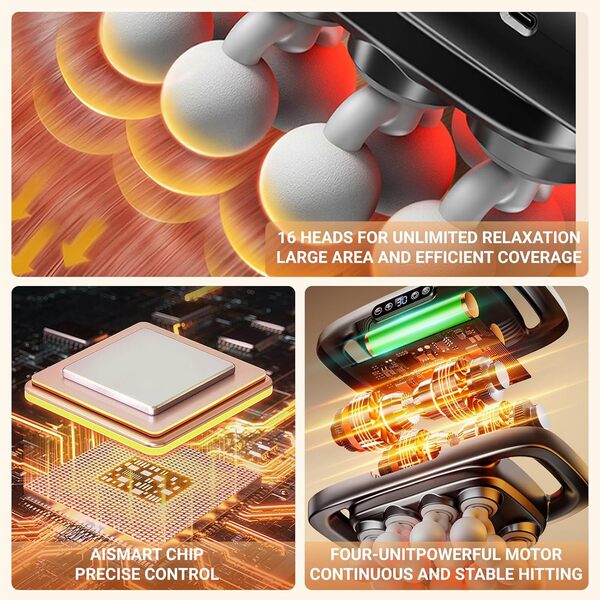 Pistolet de massage pour tissus profonds, masseur du cou avec 16 têtes, pistolet de massage à 16 têtes pour tissus profonds et dos, épaules, jambes, soulagement de la douleur