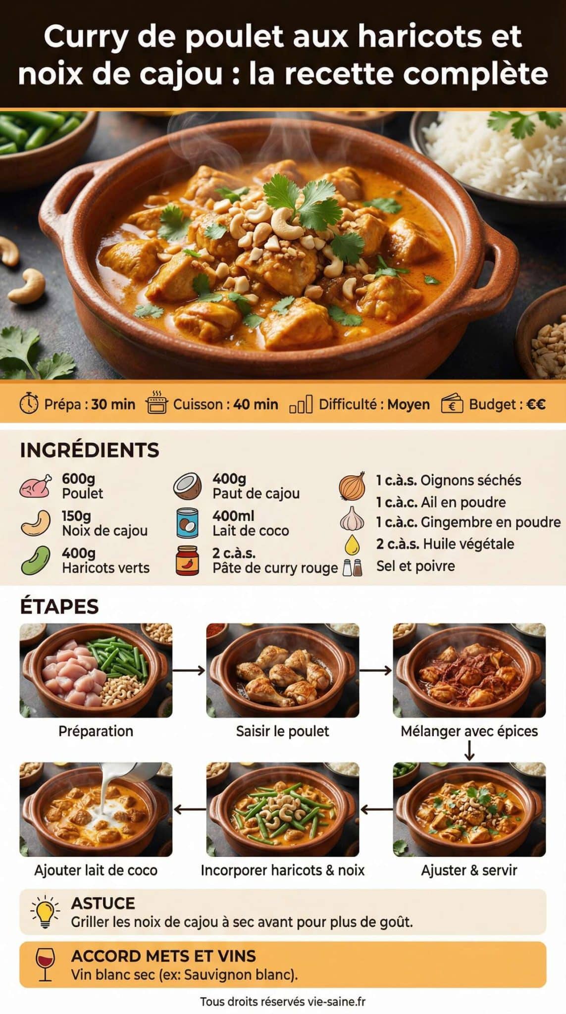 Fiche recette Curry de poulet aux haricots et noix de cajou : la recette compl&egrave;te