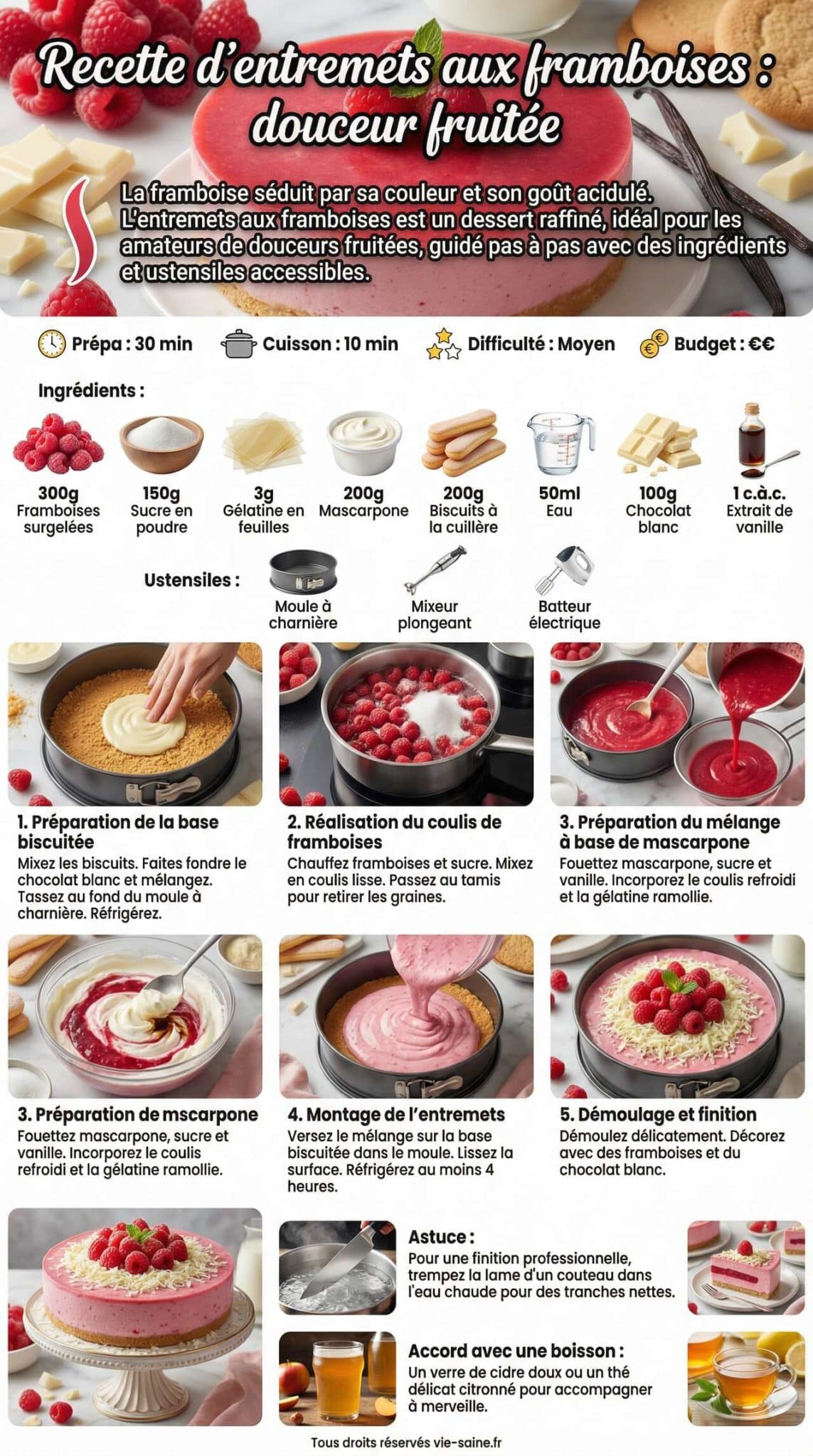 Fiche recette Recette d'entremets aux framboises : douceur fruit&eacute;e