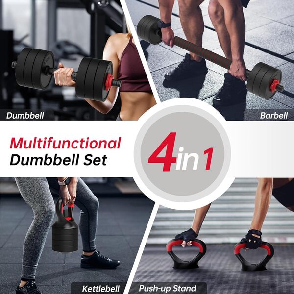 JOROTO Set d'haltères réglable, 10KG/30KG Set d'haltères de poids avec prise, 4 en1 Set de poids d'entraînement pour Home Gym, Haltère long, Kettlebells, Push up Stand Appareils de fitness