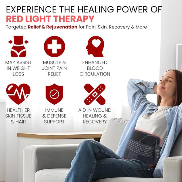 JWAY Ceinture de thérapie par lumière rouge – Thérapie par lumière rouge 660 nm et thérapie par lumière infrarouge proche de 850 nm pour le corps, détendre et masser les muscles, soulager la douleur
