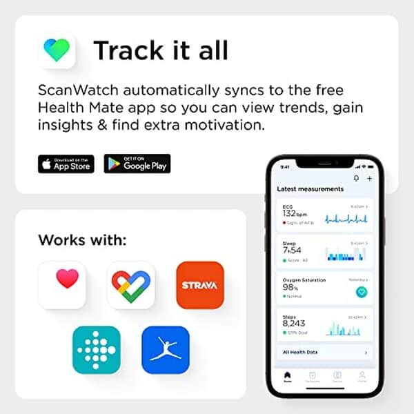 Explorez toutes les fonctionnalités de la Withings Scanwatch, une montre connectée hybride complète qui allie design élégant et performance avancée pour un suivi santé optimisé.