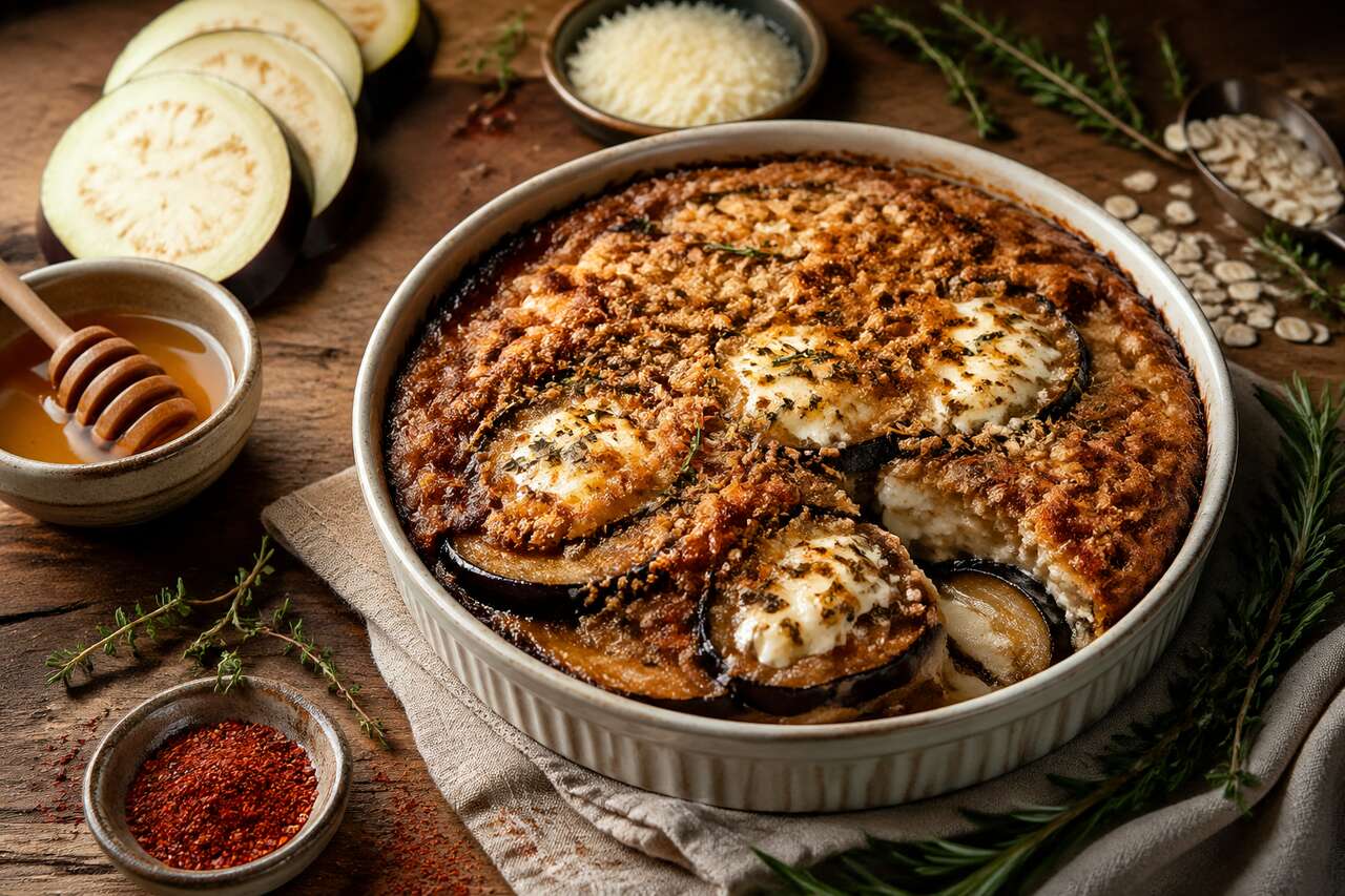 Crumble aubergines, chèvre et miel : recette savoureuse