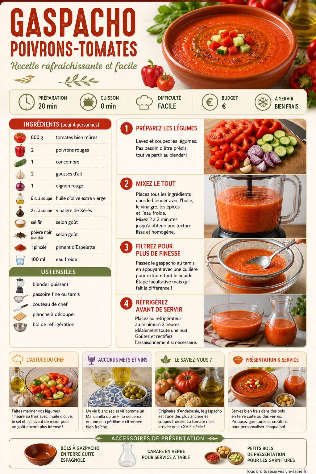 Fiche recette Gaspacho Poivrons-Tomates : recette rafra&icirc;chissante et facile