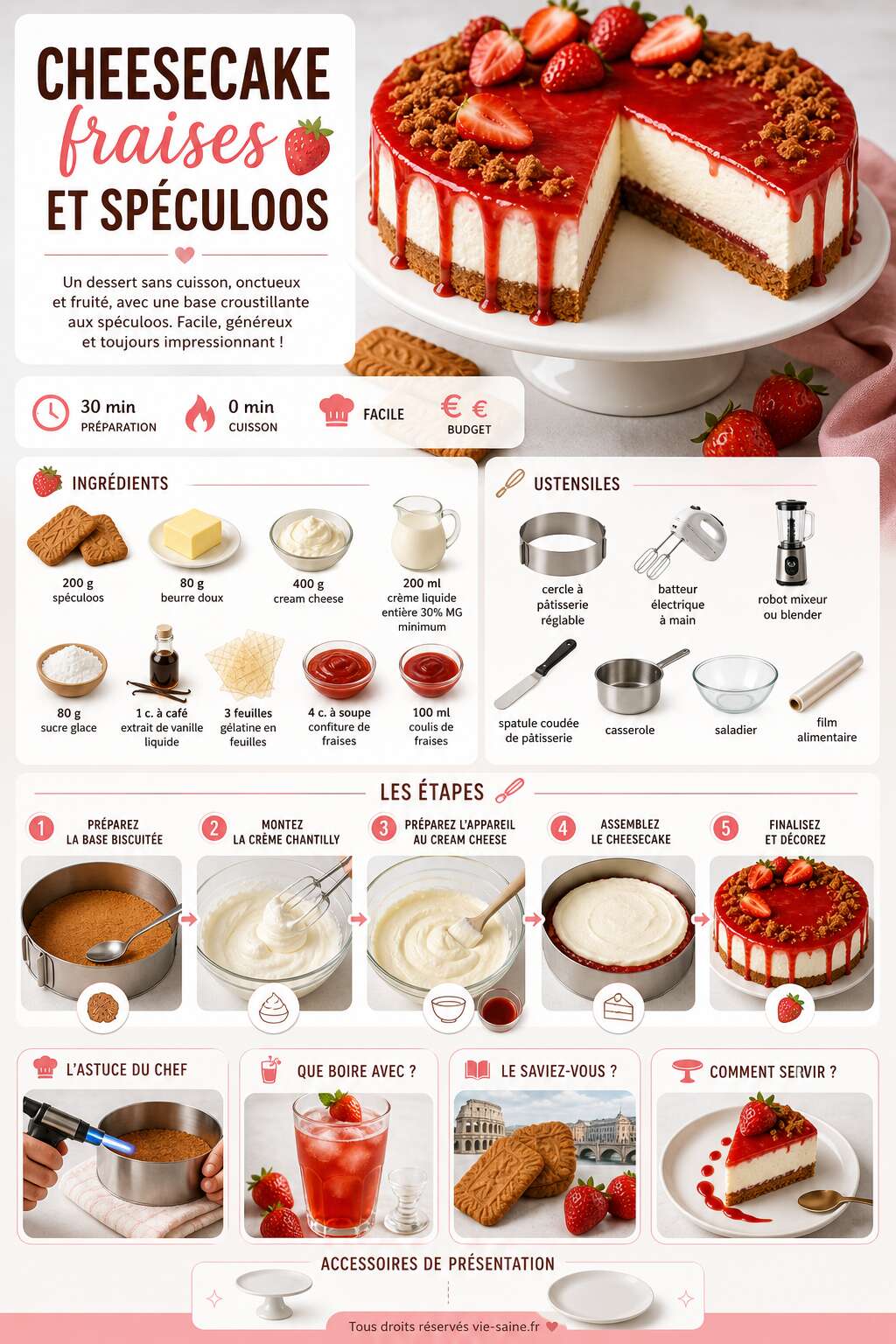Fiche recette Cheesecake fraises et spéculoos : recette gourmande Fiche recette Cheesecake fraises et spéculoos : recette gourmande