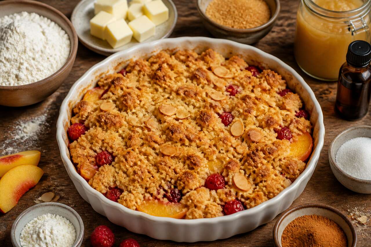 Crumble pêches pommes framboises : recette gourmande