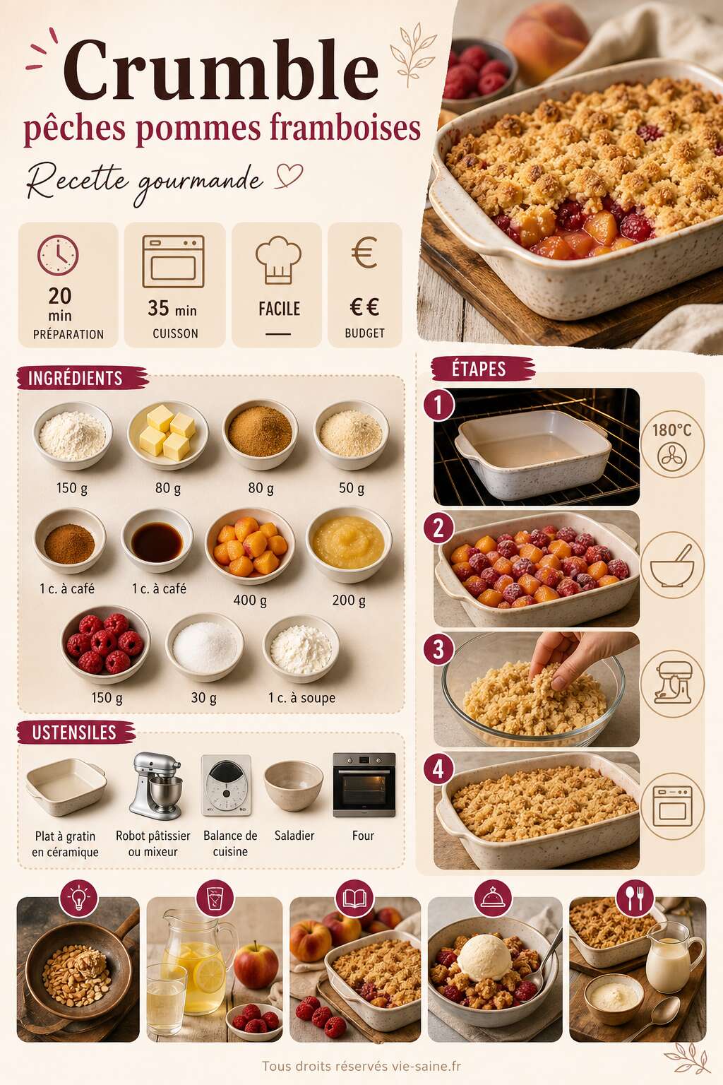 Fiche recette Crumble pêches pommes framboises : recette gourmande Fiche recette Crumble pêches pommes framboises : recette gourmande