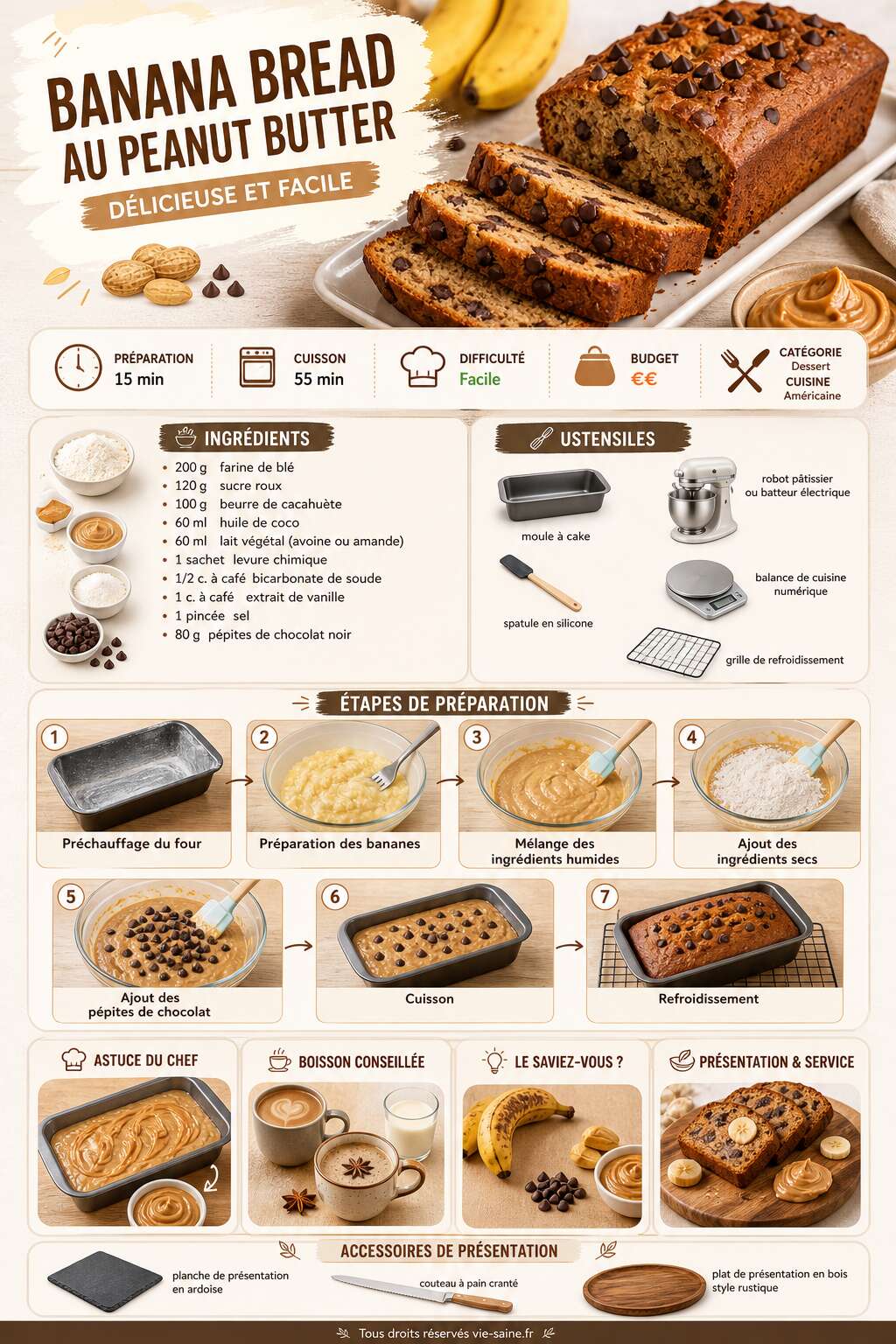 Fiche recette Banana bread au peanut butter : recette d&eacute;licieuse et facile