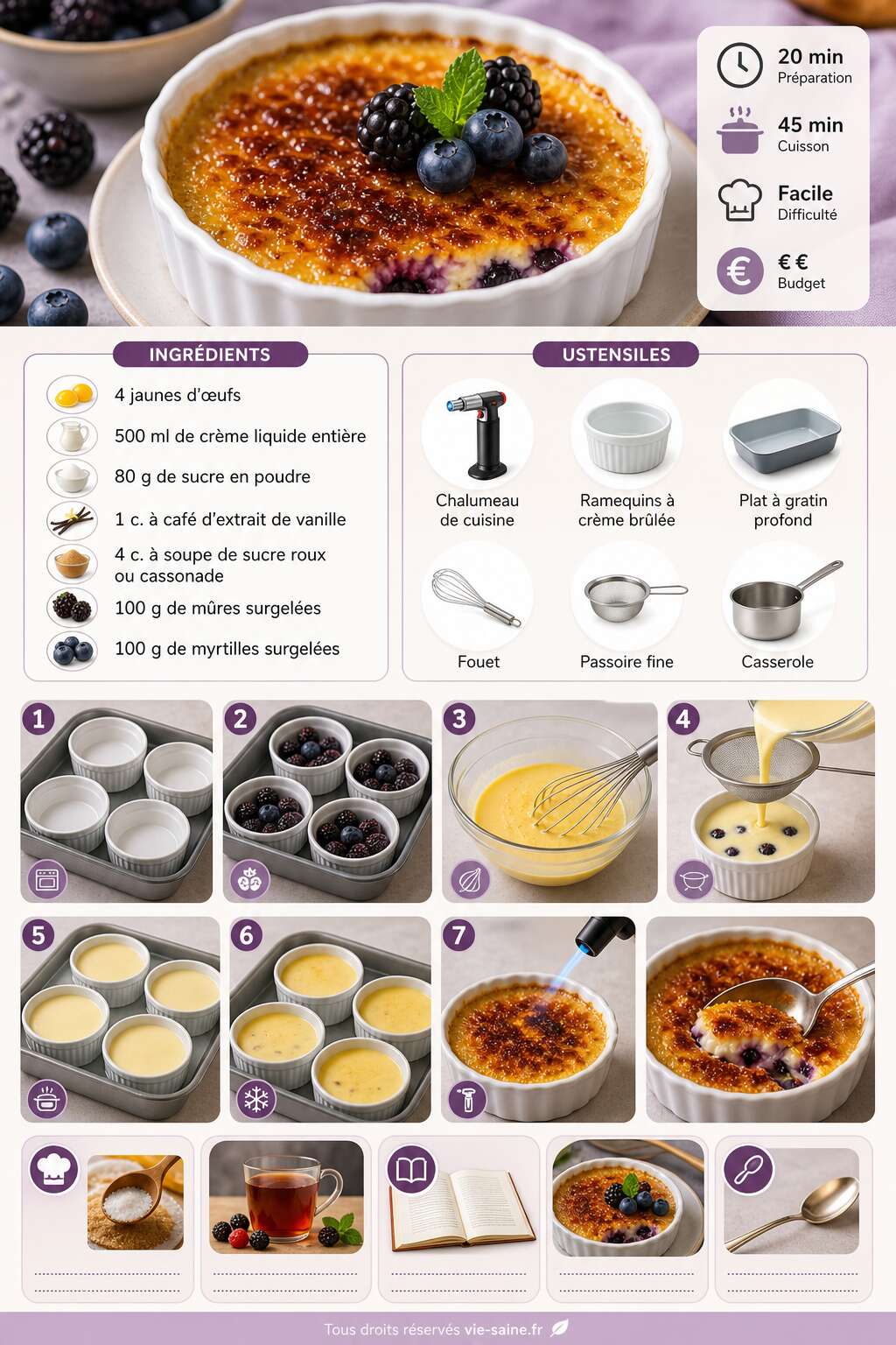 Fiche recette Cr&egrave;mes br&ucirc;l&eacute;es aux m&ucirc;res et myrtilles : recette gourmande et facile