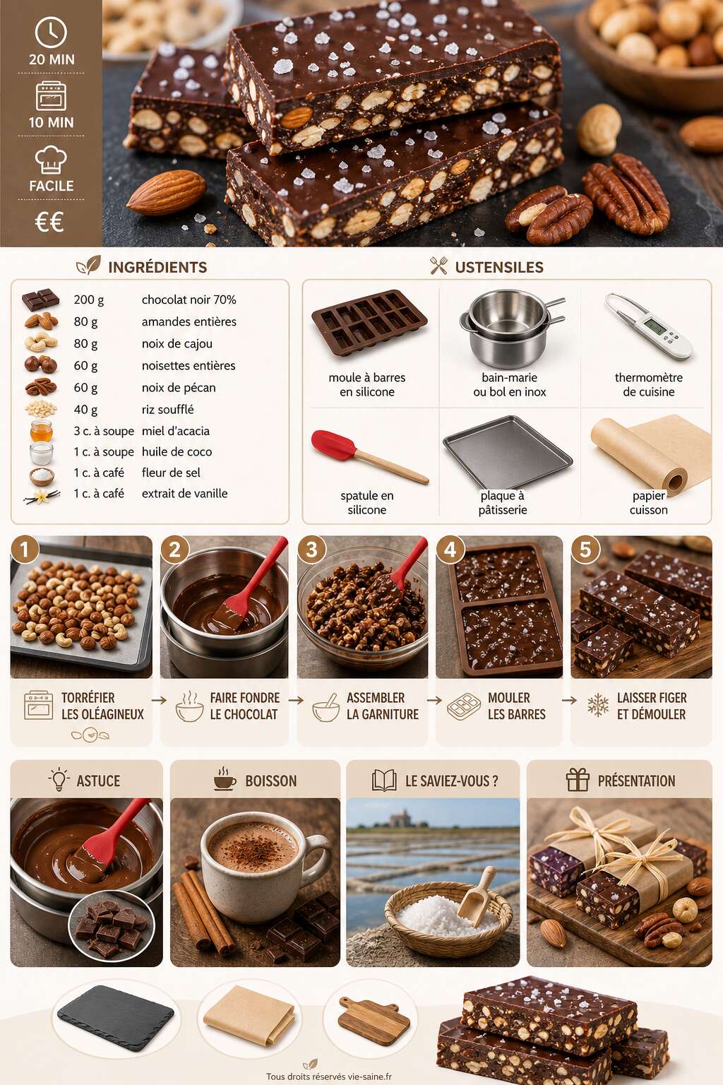 Fiche recette Barres chocolat&eacute;es aux ol&eacute;agineux et fleur de sel : recette gourmande