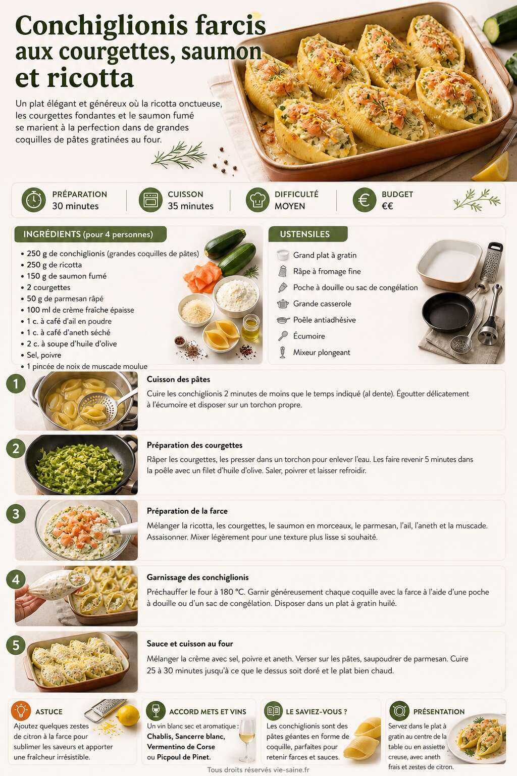 Fiche recette Recette de conchiglionis farcis aux courgettes, saumon et ricotta