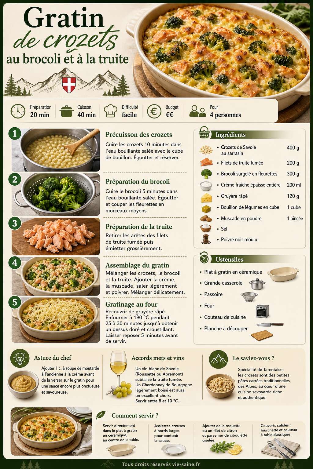 Fiche recette Recette gratin de crozets au brocoli et à la truite Fiche recette Recette gratin de crozets au brocoli et à la truite