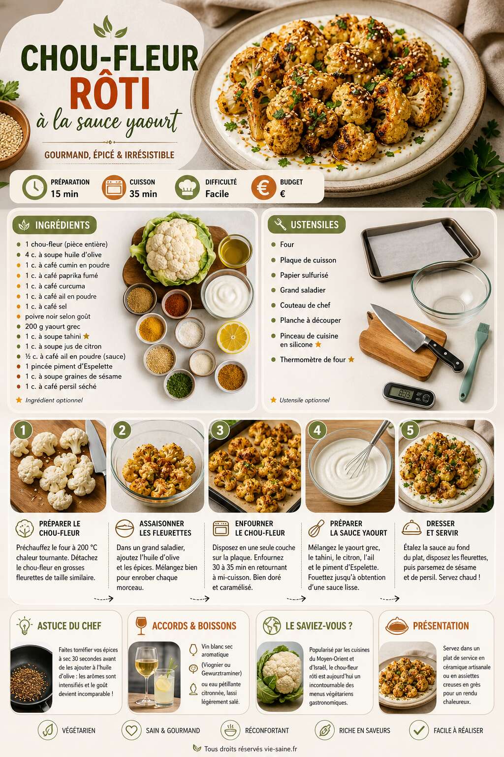 Fiche recette Chou-fleur r&ocirc;ti : la recette gourmande &agrave; la sauce yaourt