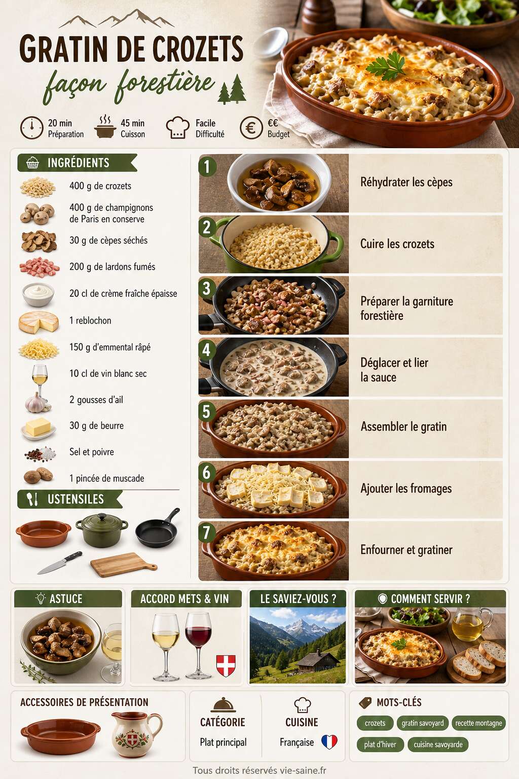Fiche recette Gratin de crozets fa&ccedil;on foresti&egrave;re : recette savoureuse