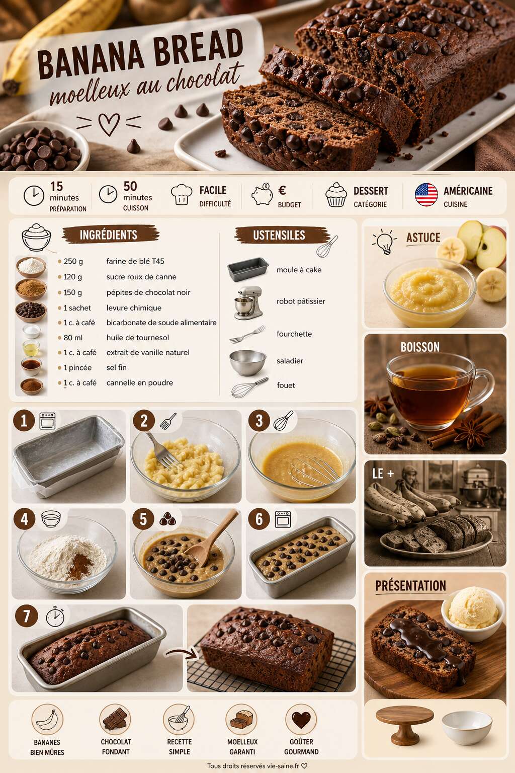 Fiche recette Banana bread moelleux au chocolat : recette gourmande Fiche recette Banana bread moelleux au chocolat : recette gourmande