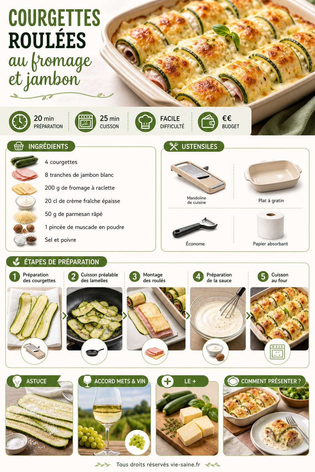 Fiche recette Courgettes roulées au fromage et jambon : recette gourmande et facile Fiche recette Courgettes roulées au fromage et jambon : recette gourmande et facile